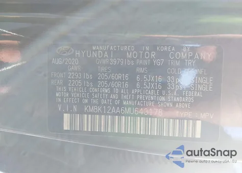 2021 Hyundai Kona Se z USA, uszkodzony, nr VIN KM8K12AA6MU643178